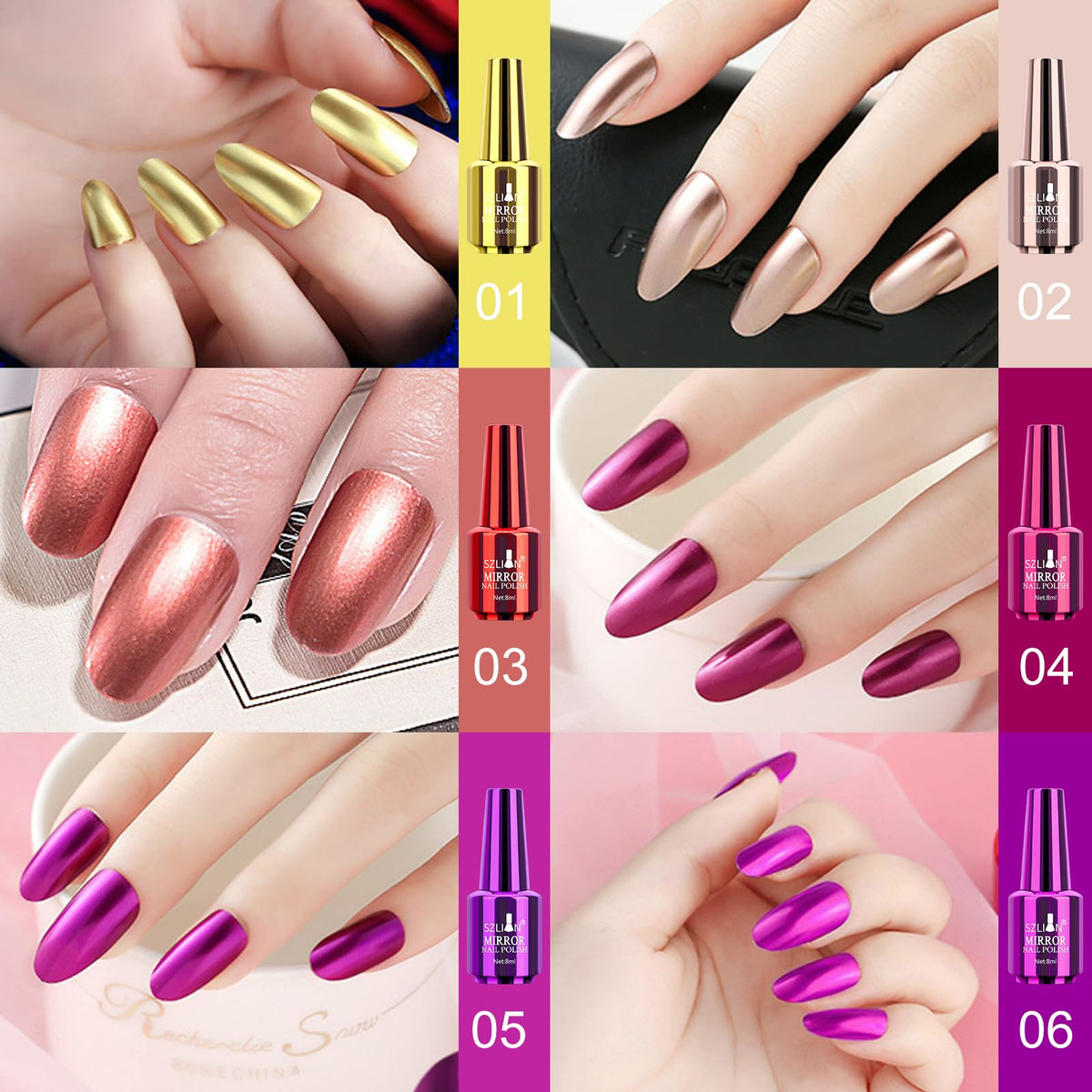 Ownest chrome swatch array on nail tips showing color range and reflective finish benefit