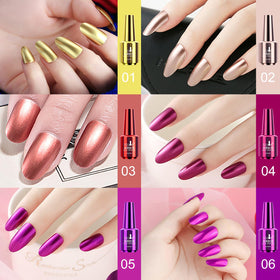 Ownest chrome swatch array on nail tips showing color range and reflective finish benefit