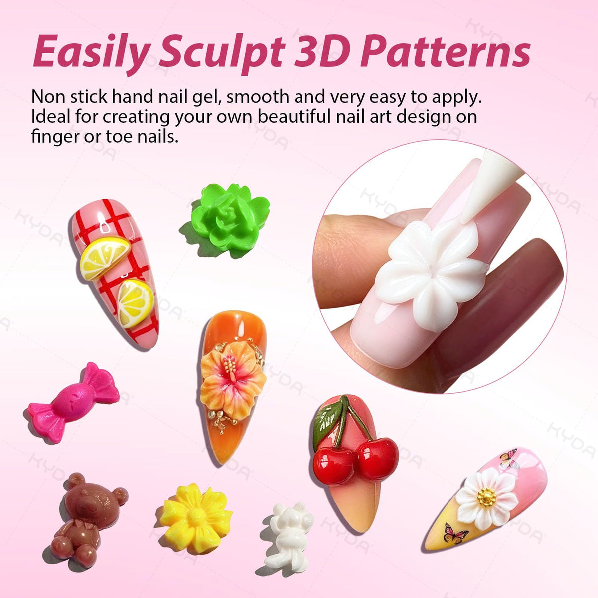 Ownest KYDA detailed 3D flower on nail showing raised texture and glossy finish