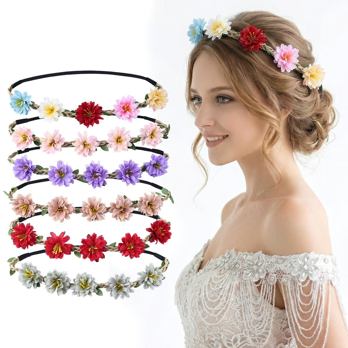 ownoxy front view of six flower crowns in packaging, shows color variety and gift-ready appeal