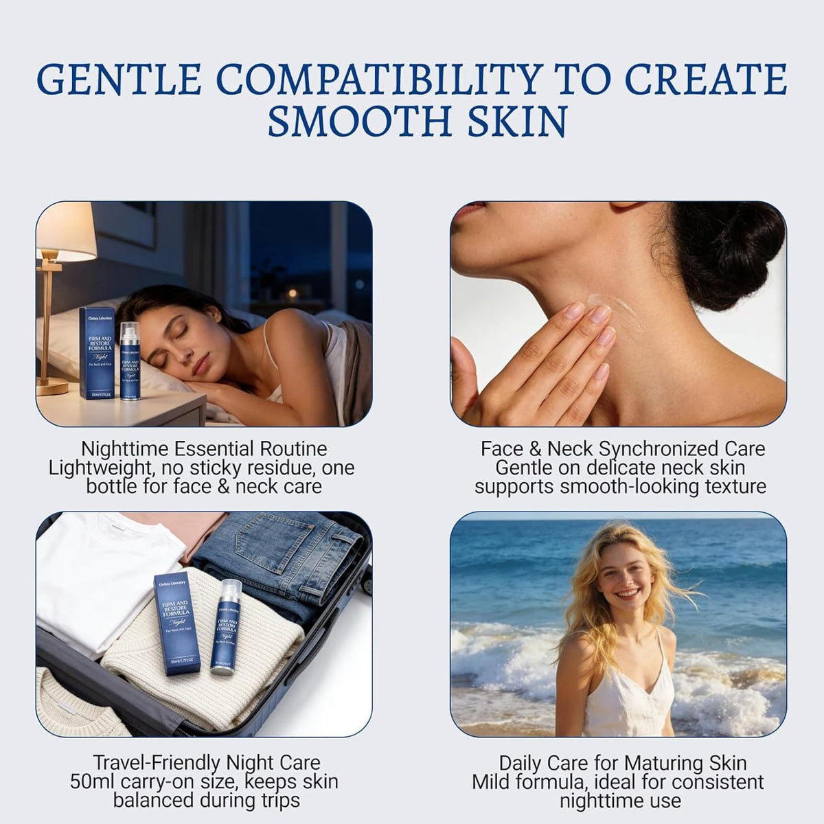 Oxmani night application on neck and face to show firming routine