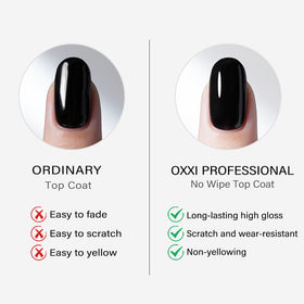 OXXI Professional cured manicure with mirror-like shine showing durable, scratch-resistant top coat