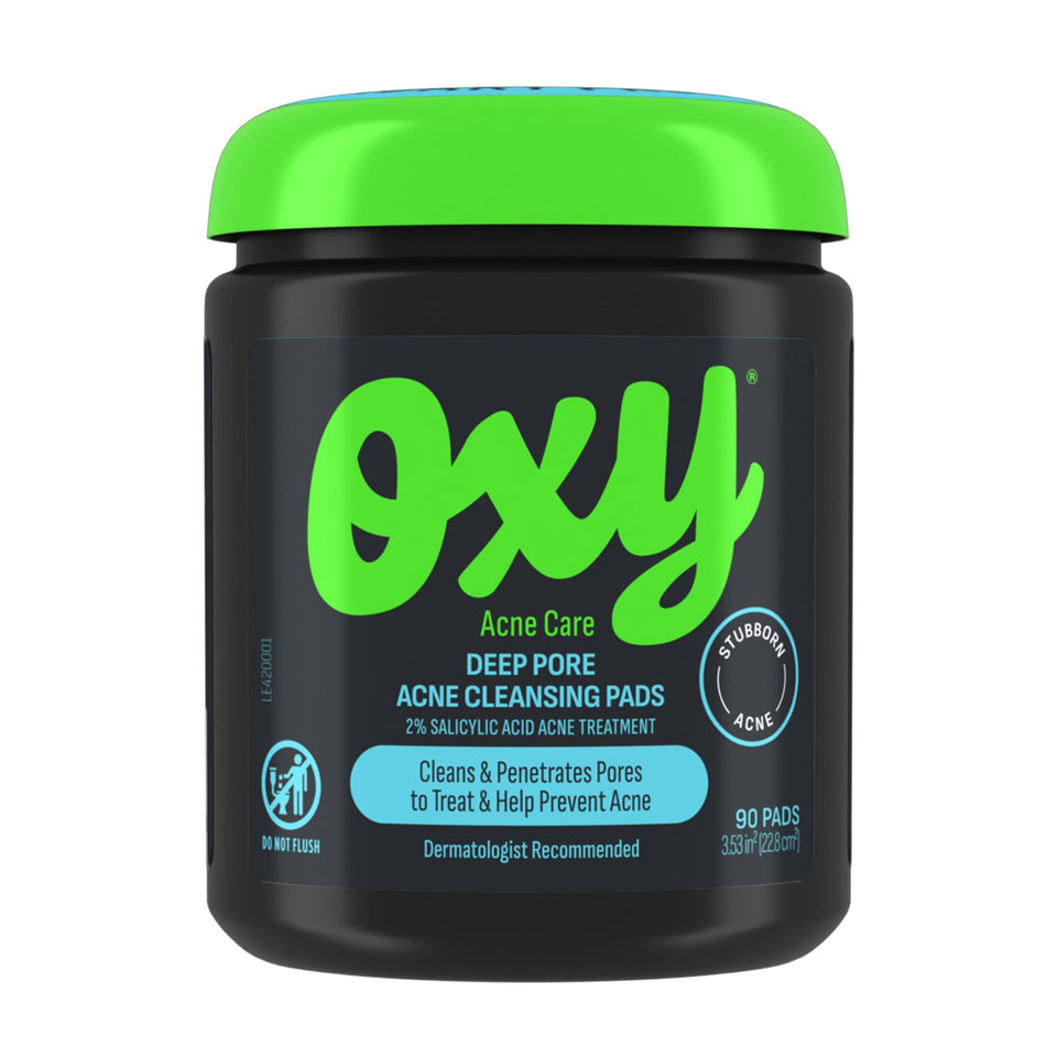 Oxy front packaging showing the product and benefits for clearer skin