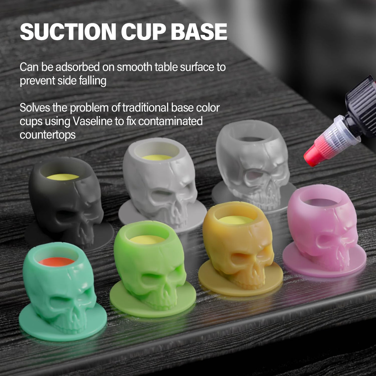 OZER skull cup top view filled with pigment demonstrating generous capacity