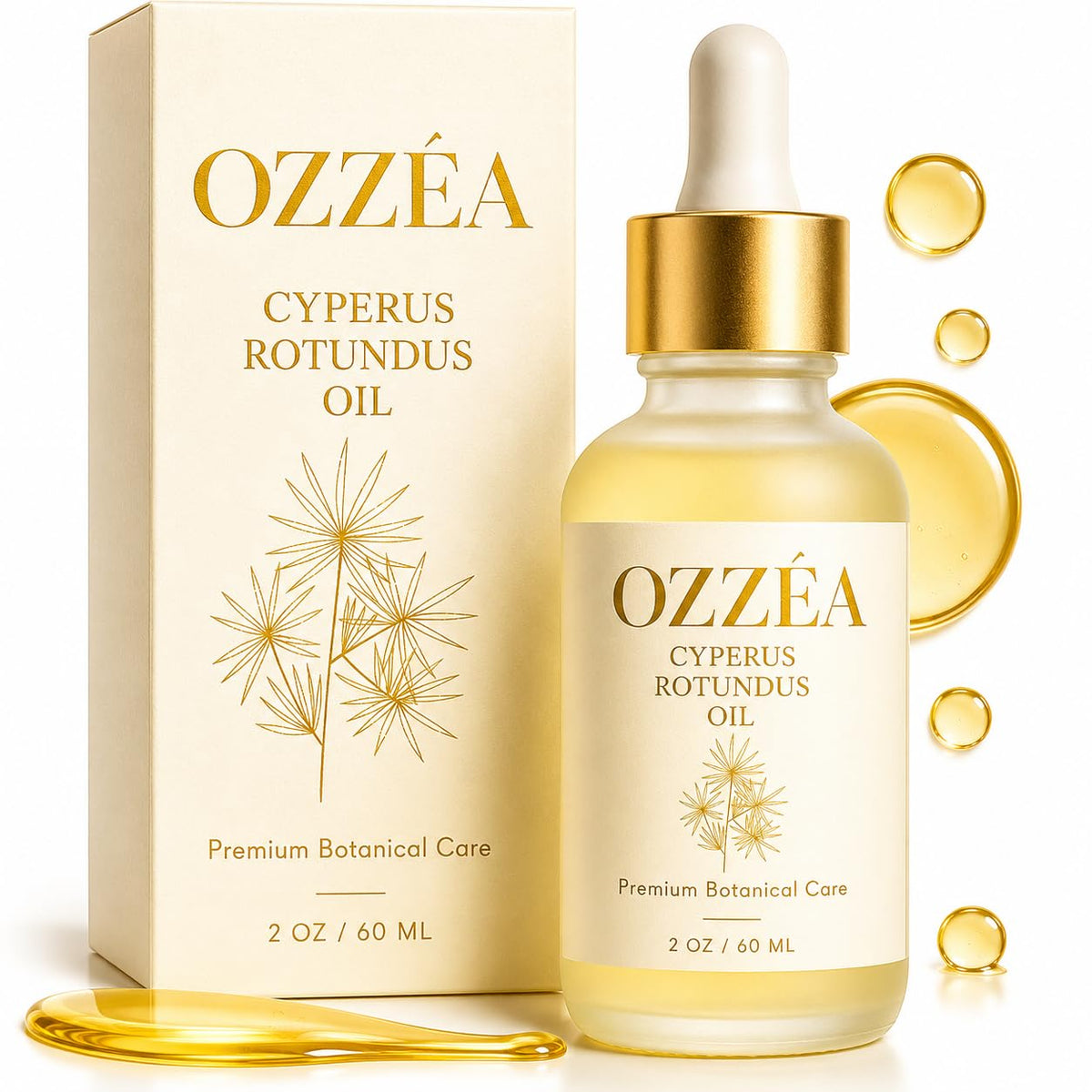 OZZÊA bottle front view showing product and clear label providing trusted hair reduction