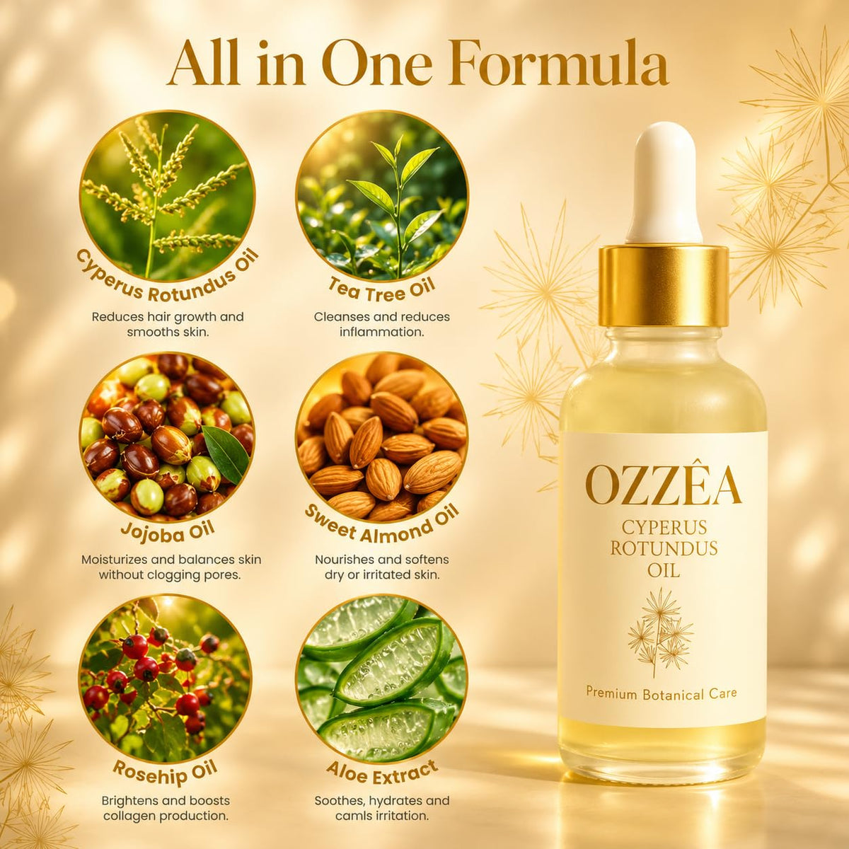 OZZÊA bottle staged with aloe leaves showing calming aloe vera skin benefit