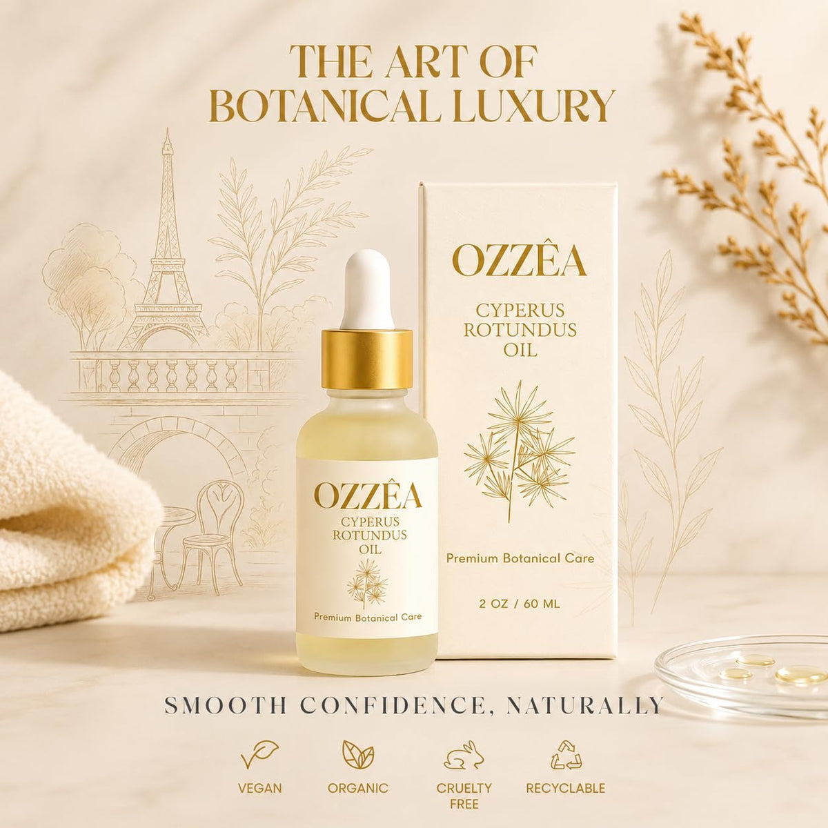 OZZÊA close-up oil texture on pipette illustrating lightweight quick-absorbing finish