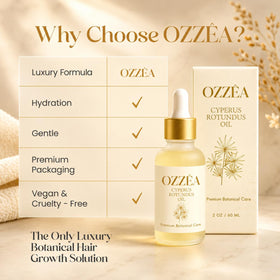 OZZÊA label ingredient list close-up highlighting cyperus rotundus and natural oils