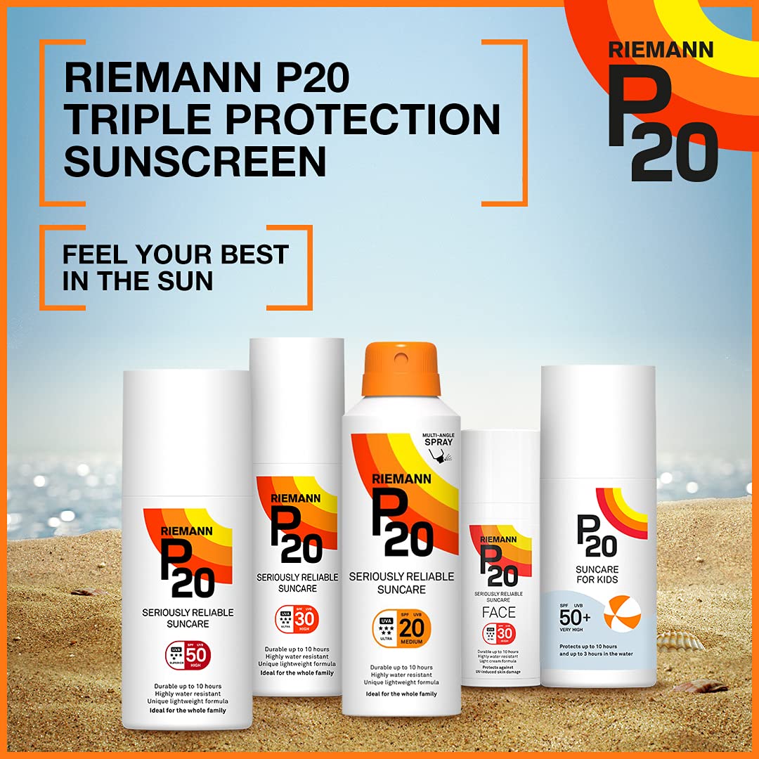 P20 family using spray at beach showing convenient once-a-day protection