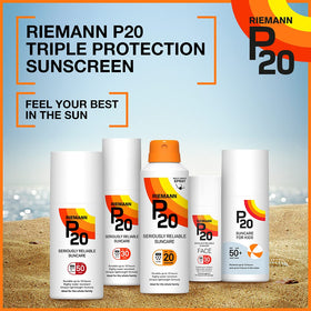 P20 family using spray at beach showing convenient once-a-day protection