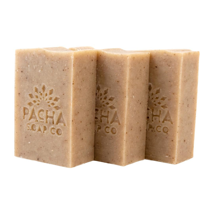 Pacha Soap Co front packaging showing three bars and eco-friendly wrap