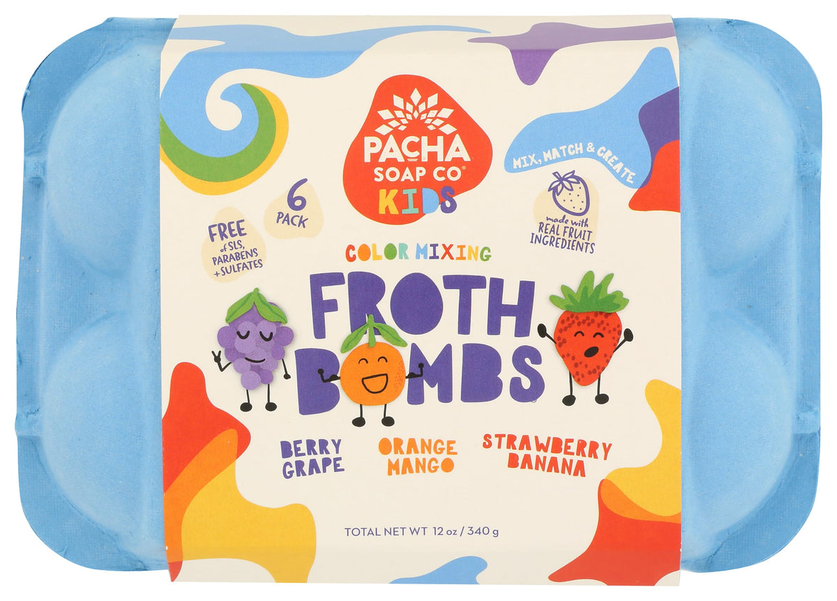 Pacha Soap Co froth bomb front packaging showing six-count and colorful benefit