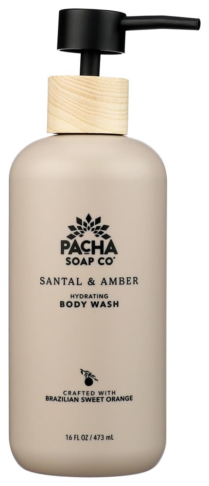 Pacha Soap Co front bottle showing label and 16 fl oz size, clear product benefit