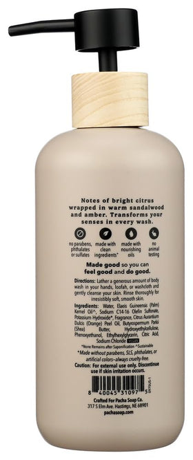 Pacha Soap Co pump dispensing creamy foam, illustrating rich lather and moisturizing feel
