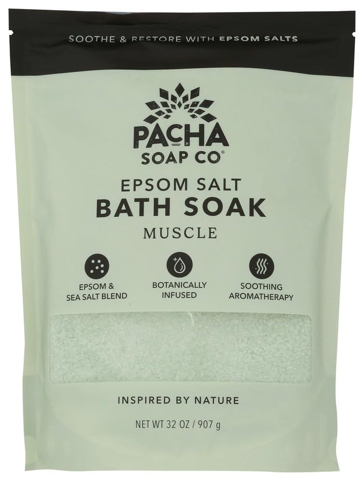 Pacha Soap Co jar front view showing label and 32 oz size, highlights generous supply
