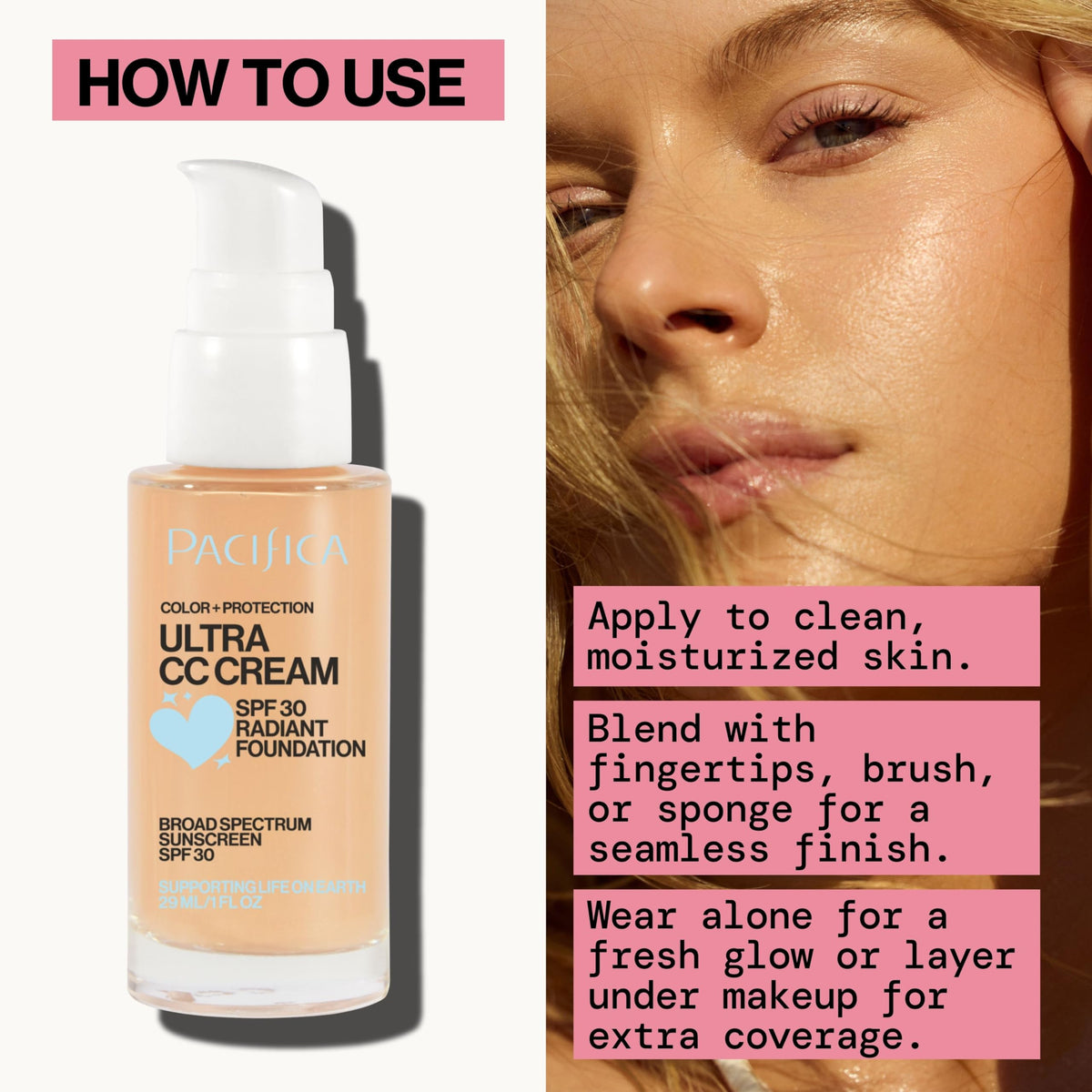 Pacifica before and after comparison showing evened skin tone and natural radiance