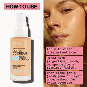 Pacifica before and after comparison showing evened skin tone and natural radiance