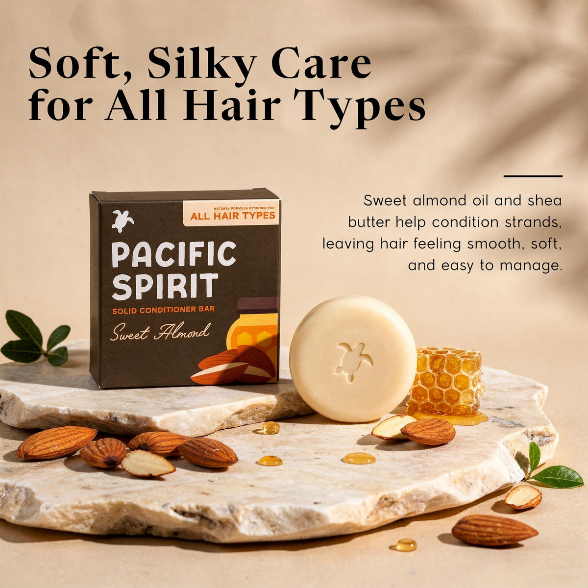 Pacific Spirit conditioner bar held in hand to show ergonomic size and easy handling while showering