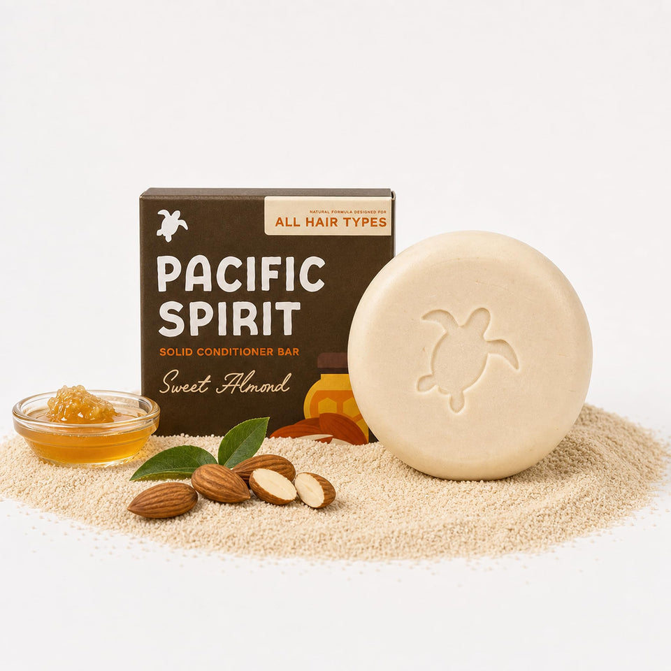 Pacific Spirit front view of sweet almond conditioner bar showing compact design and travel convenience