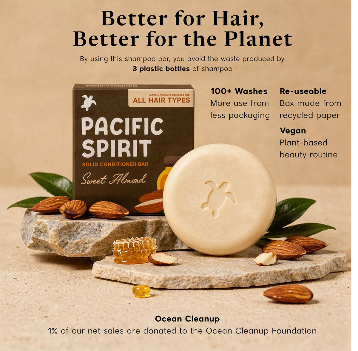 Pacific Spirit ingredients display of sweet almond oil, shea butter and honey for nourishing moisture