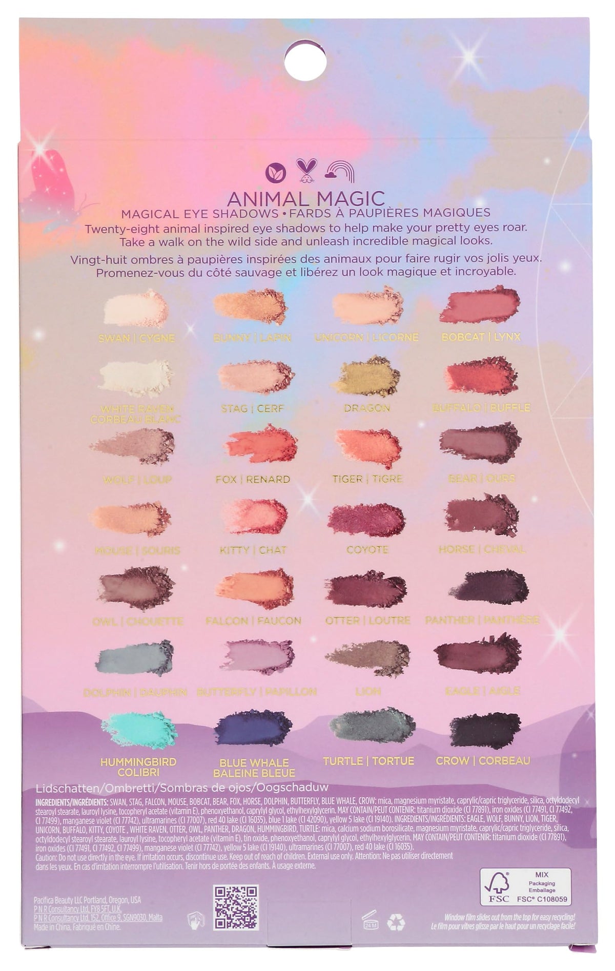 Pacifica Animal Magic open palette top view displaying 28 colorful shades for creative versatility