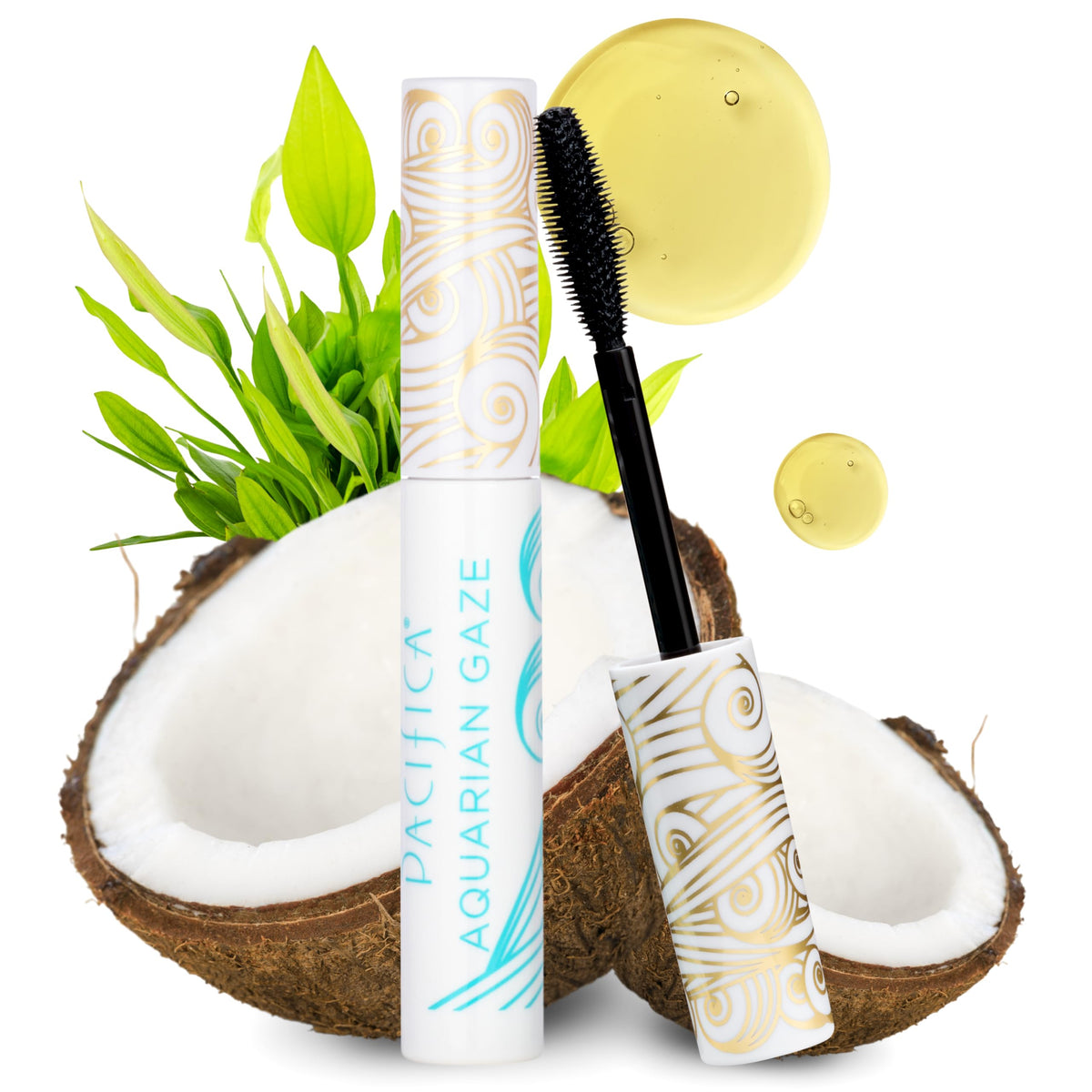Pacifica Aquarian Gaze size comparison beside coin showing compact travel-friendly tube