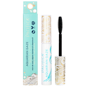 Pacifica Aquarian Gaze tube front showing sleek packaging and deep black shade benefit