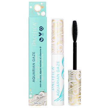 Pacifica Aquarian Gaze tube front showing sleek packaging and deep black shade benefit