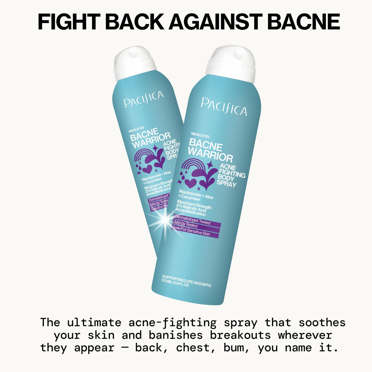 Pacifica spray mist dispersing over skin for even coverage and easy application