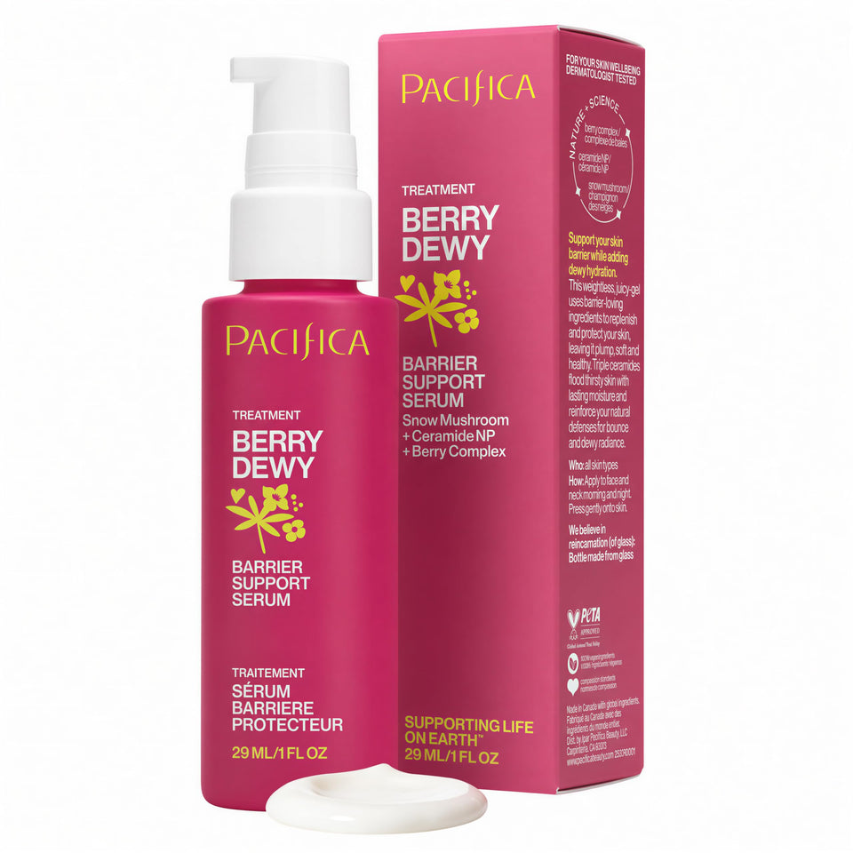 Pacifica bottle front view showing label and recyclable glass, highlights clean vegan formula