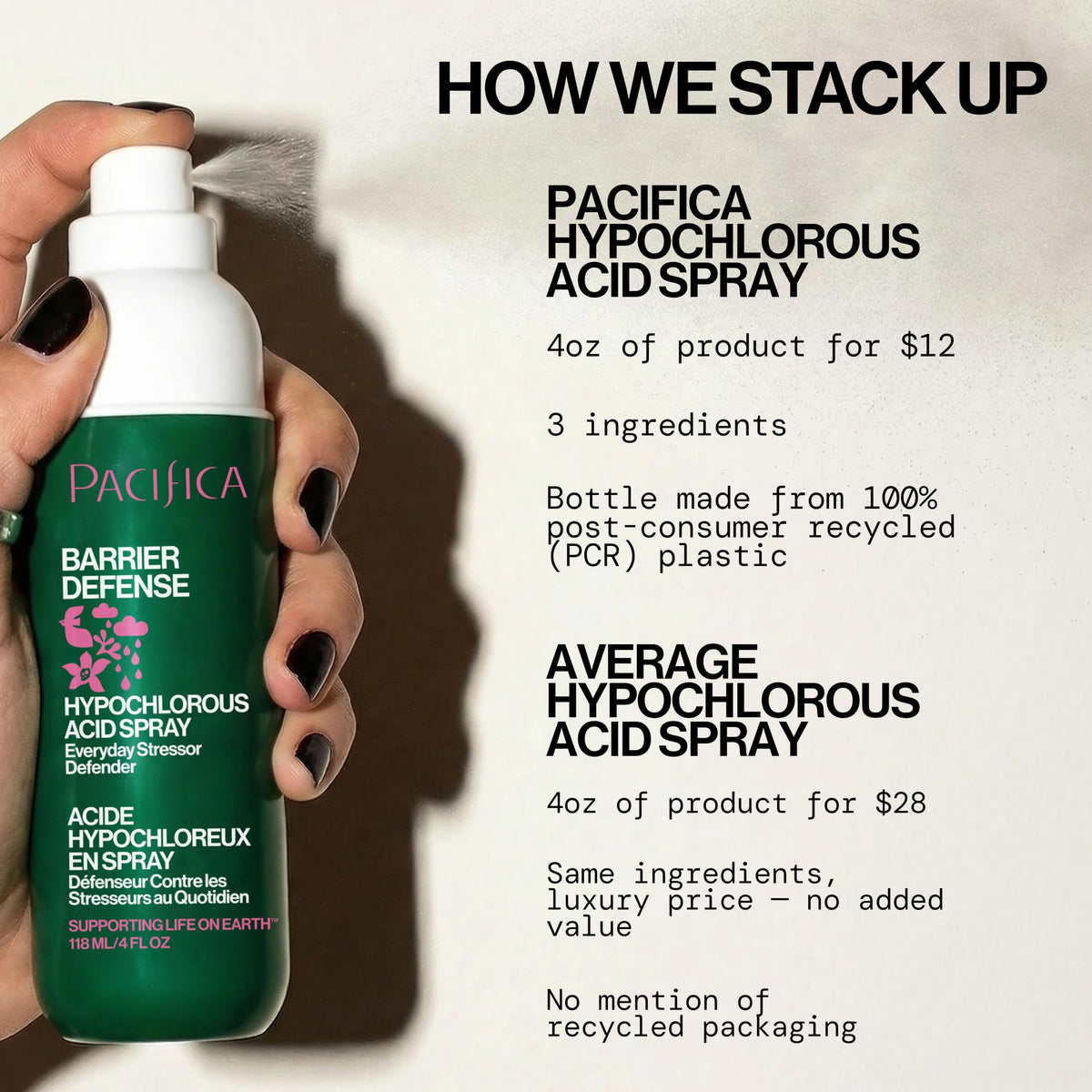 Pacifica bottle beside serum and sunscreen for layerable routine