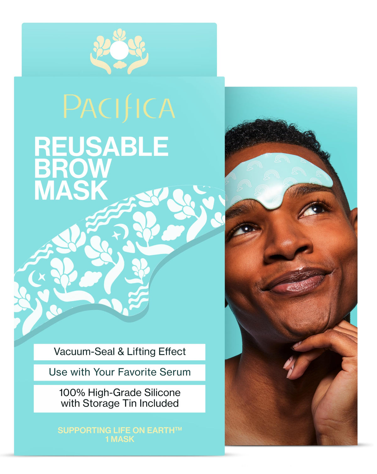 Pacifica brow mask front view showing patch shape and benefits of wrinkle smoothing