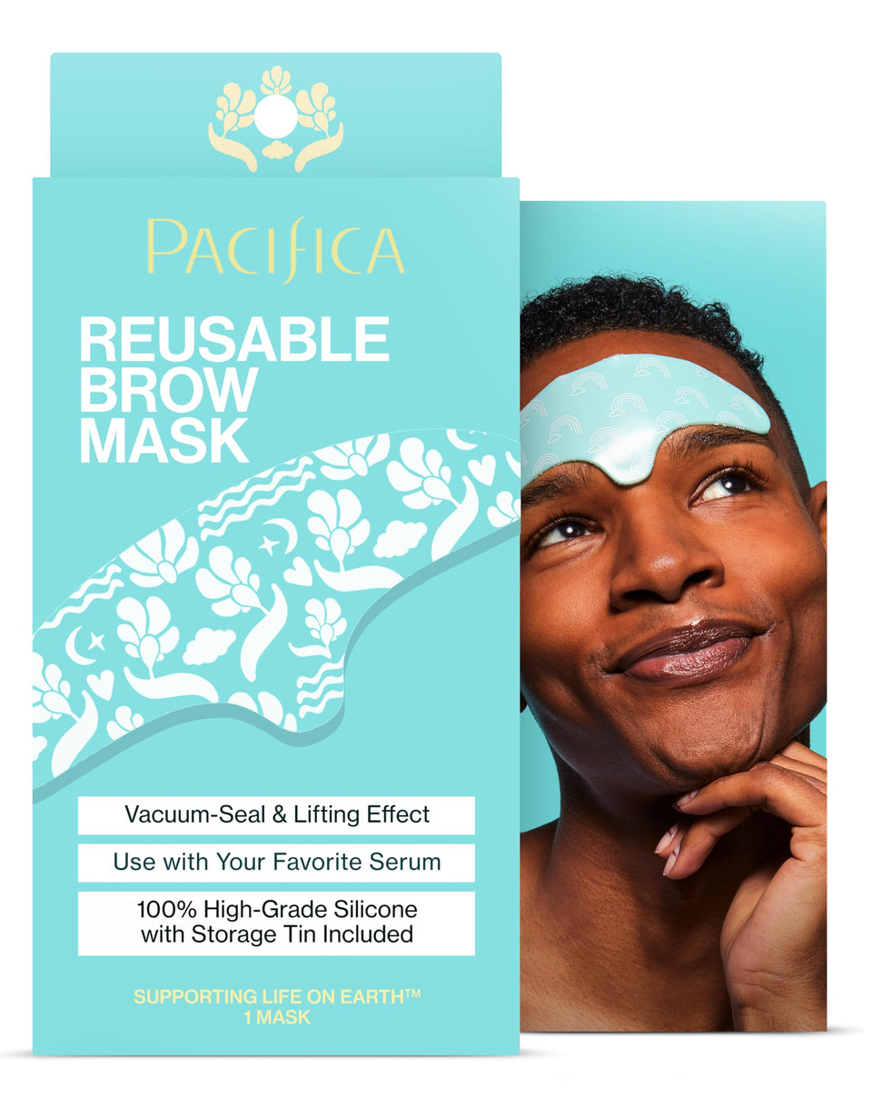 Pacifica brow mask front view showing patch shape and benefits of wrinkle smoothing