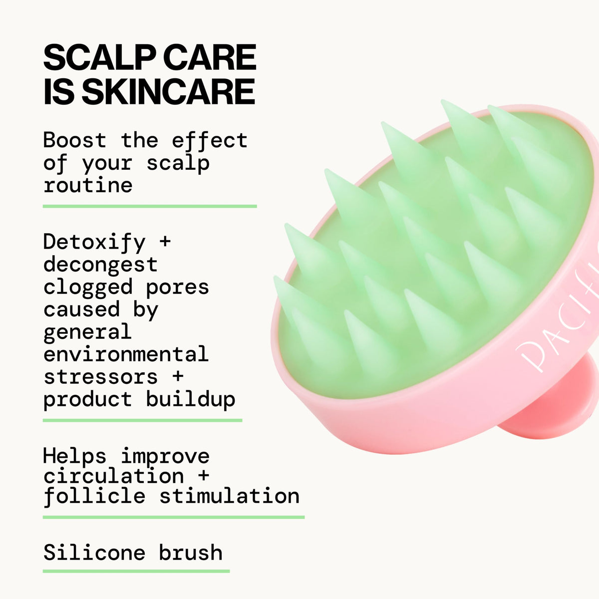 Pacifica brush held in hand demonstrating ergonomic massage benefit