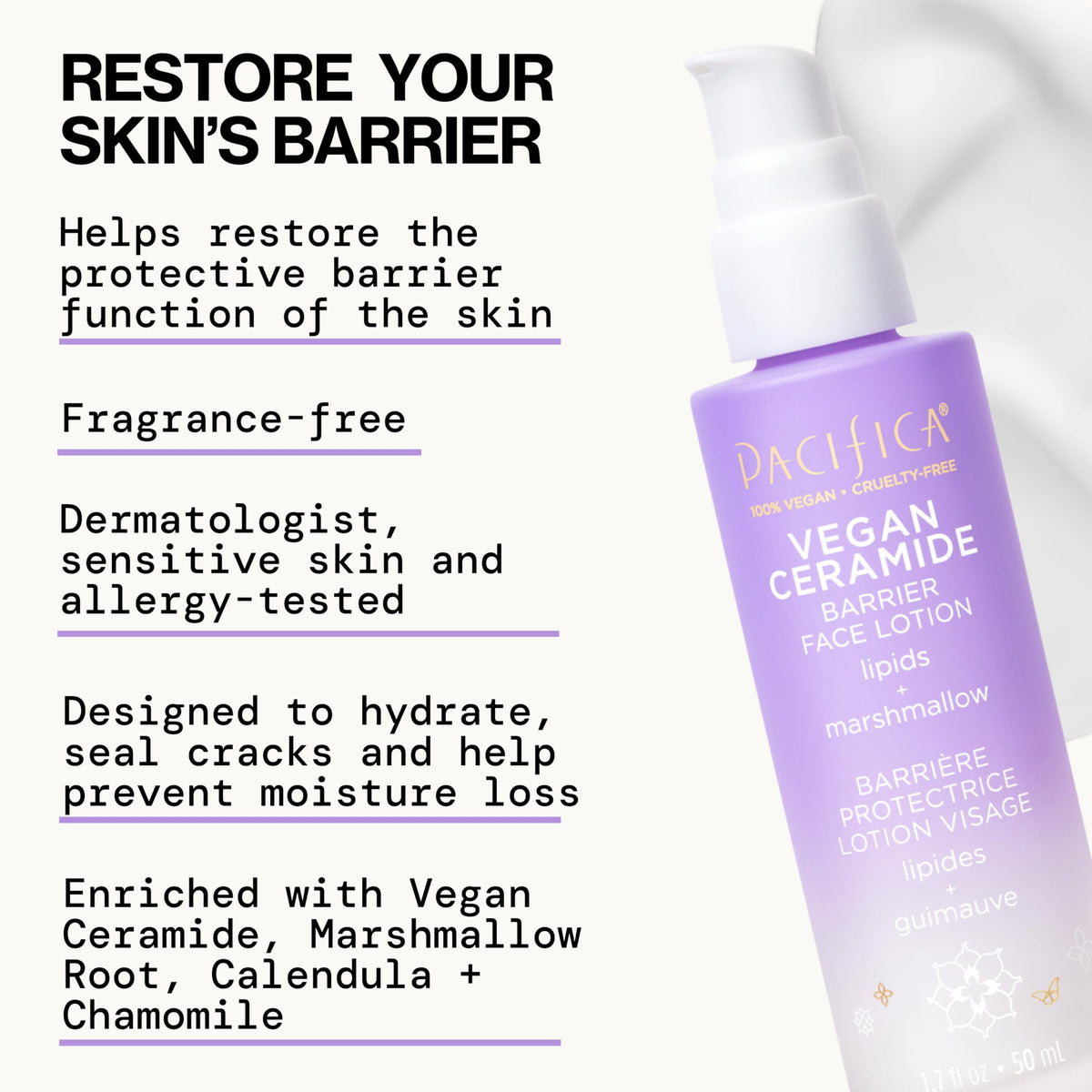 Pacifica texture close-up of lightweight lotion demonstrating fast absorption benefit