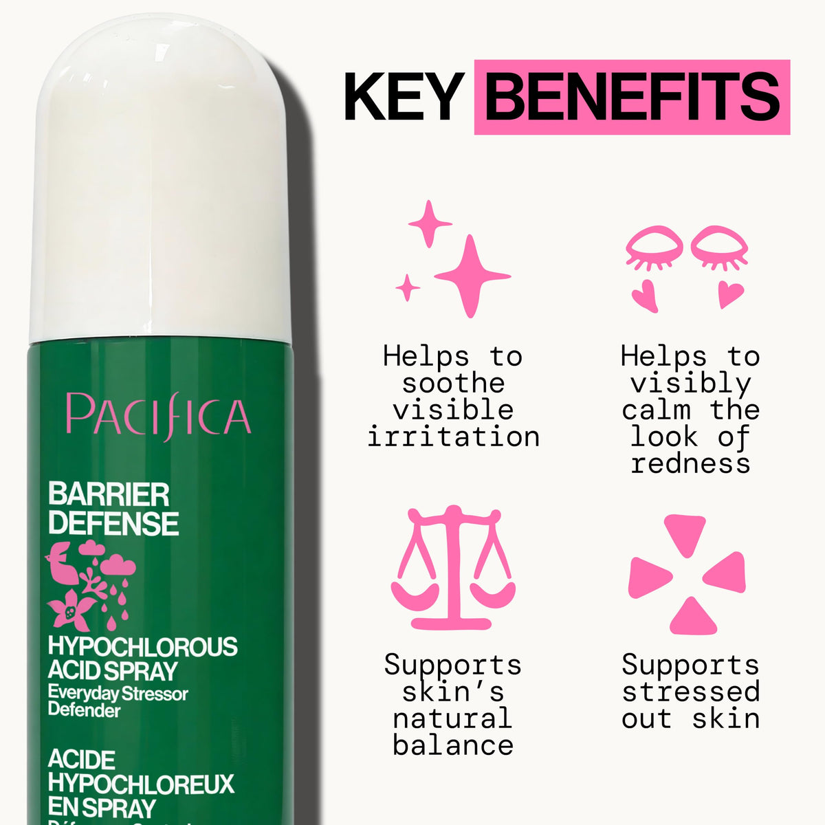 Pacifica label listing HOCl, sodium chloride, electrolyzed water benefits