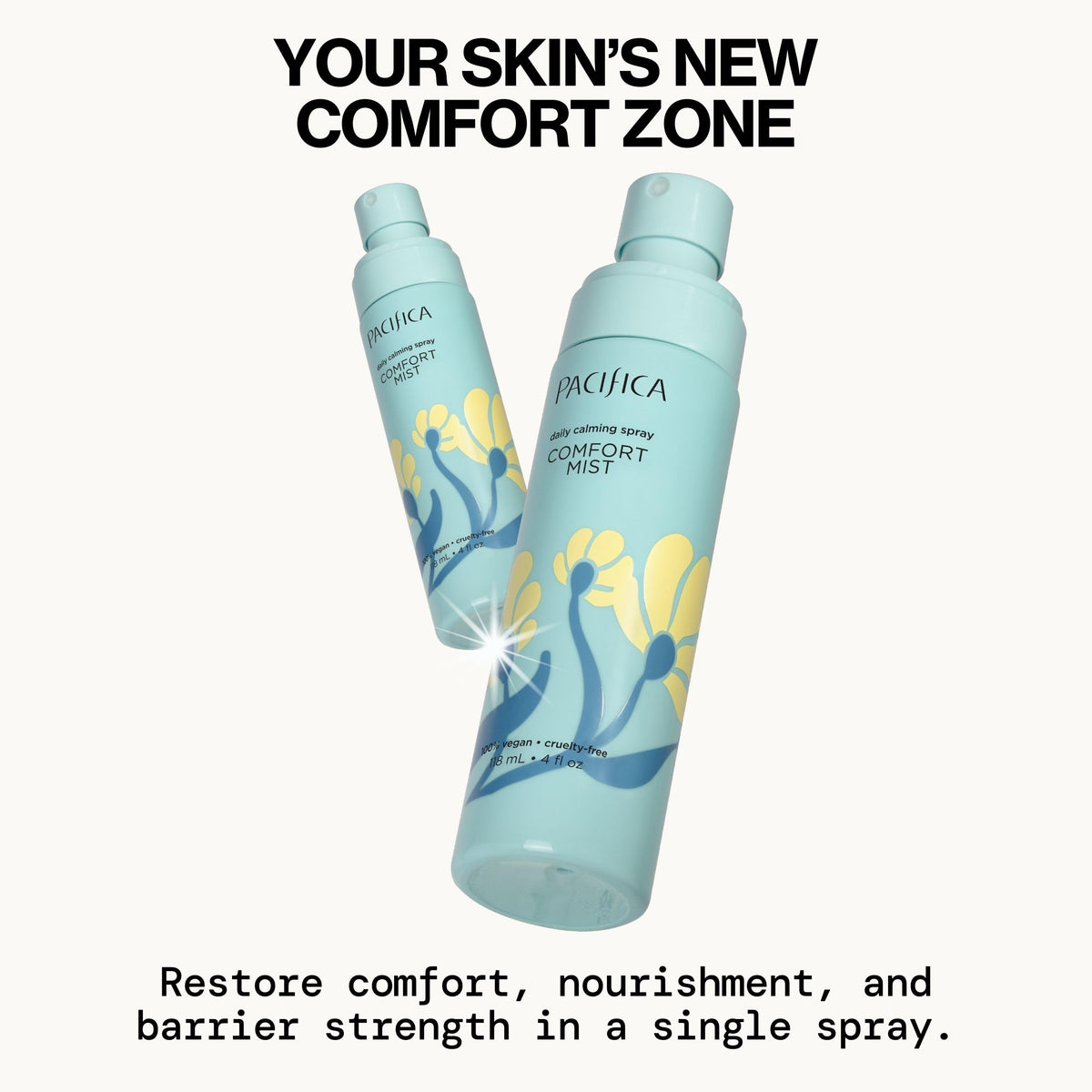 Pacifica Comfort Mist ultra-fine mist close-up illustrating even, weightless application benefit