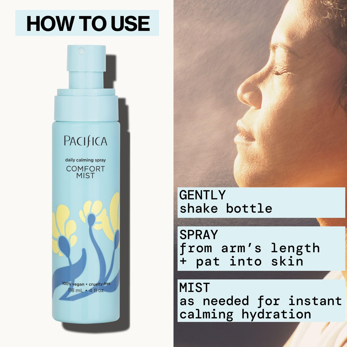 Pacifica Comfort Mist label detail focused on clean-beauty claims and ingredient transparency benefit