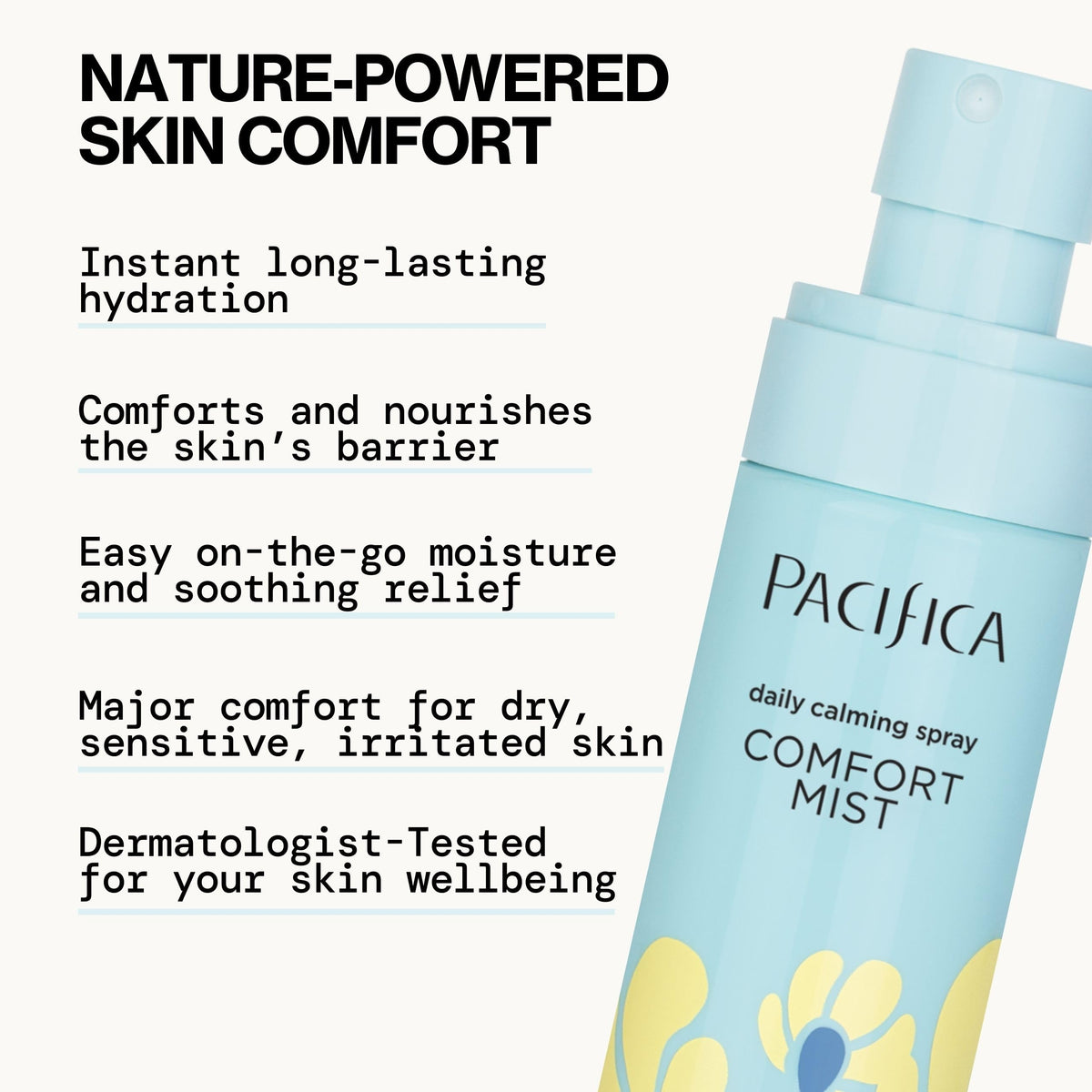 Pacifica Comfort Mist applied to face delivering soothing hydration and a refreshed look