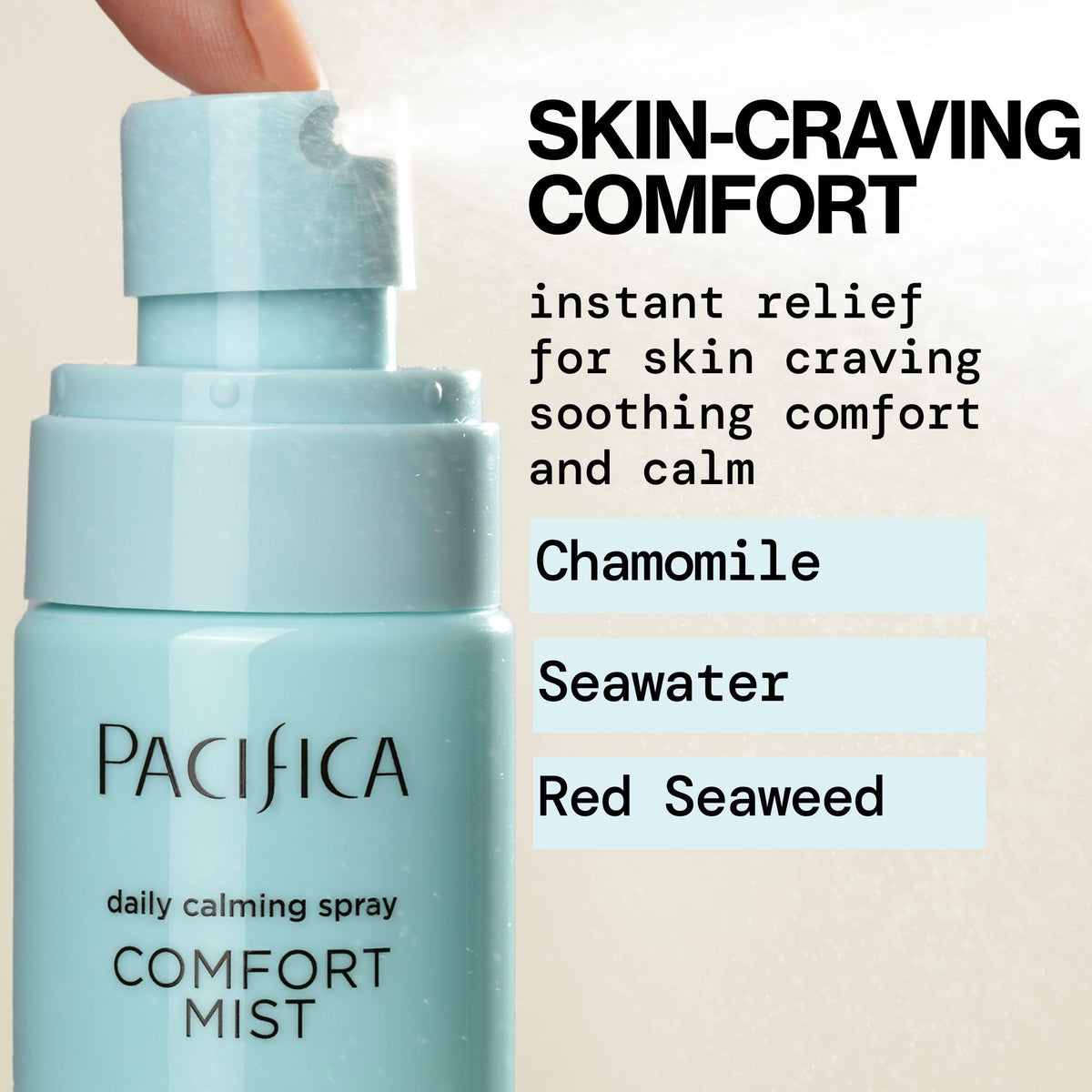 Pacifica Comfort Mist spraying into hand to demonstrate easy, no-drip use and portability