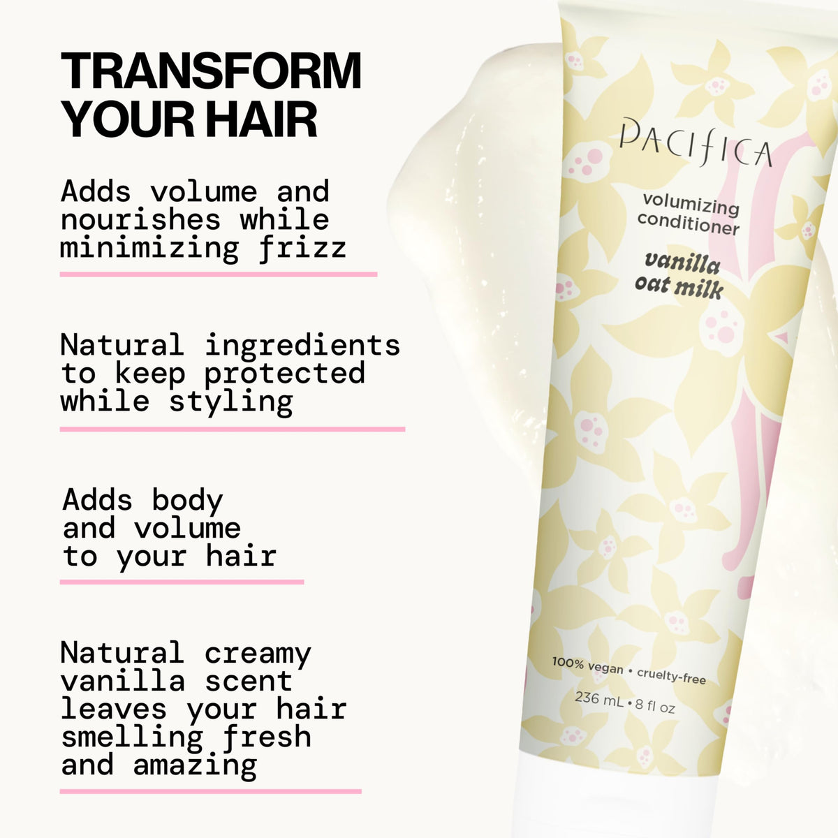 Pacifica conditioner close-up texture, highlights creamy consistency for smooth detangling