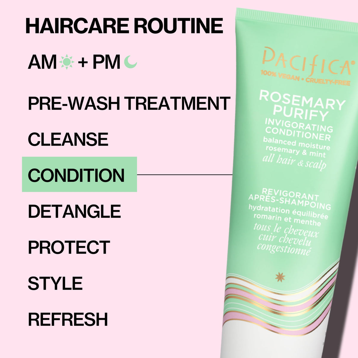 Pacifica conditioner bottle arranged on a bathroom shelf for daily use