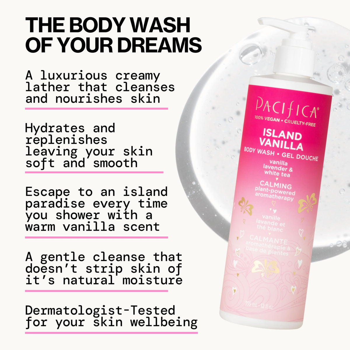 Pacifica creamy lather on skin demonstrating gentle cleansing and hydration