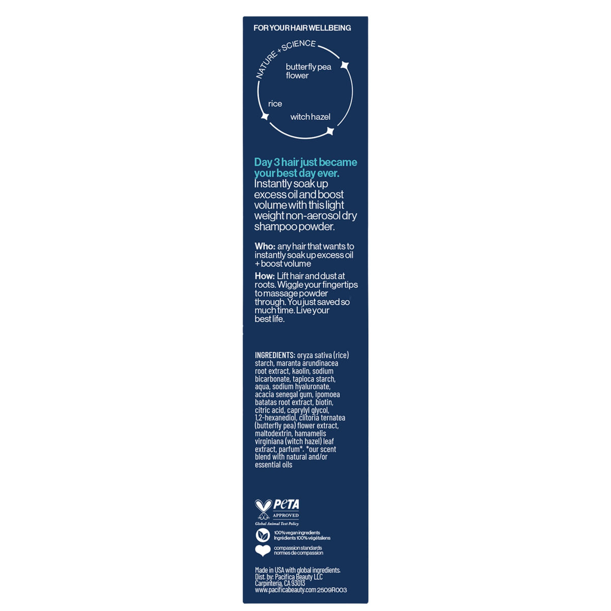 Pacifica ingredients rice powder and witch hazel emphasizing natural absorbency