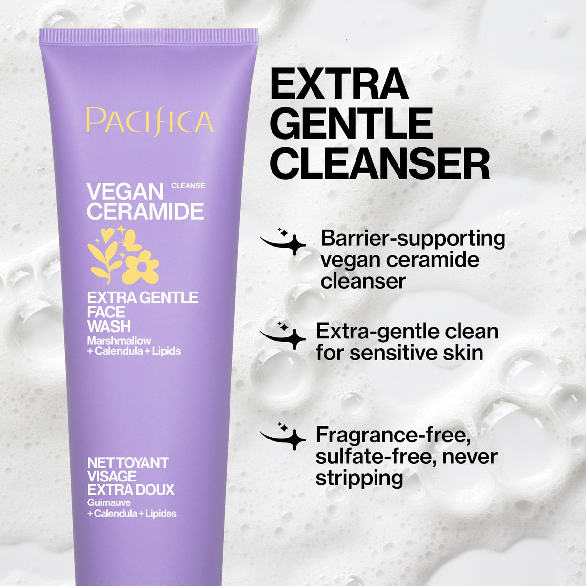 Pacifica texture close-up foam illustrating mild lather and soft cleanse benefit