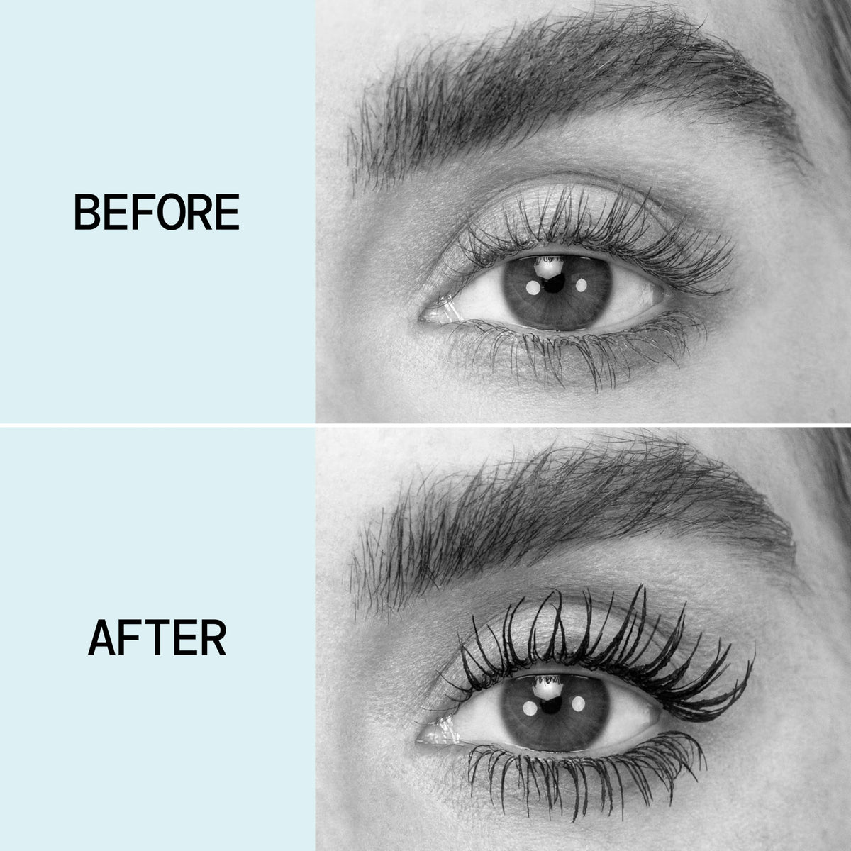 Pacifica mascara applied in lifestyle shot for lifted, open-eyed look