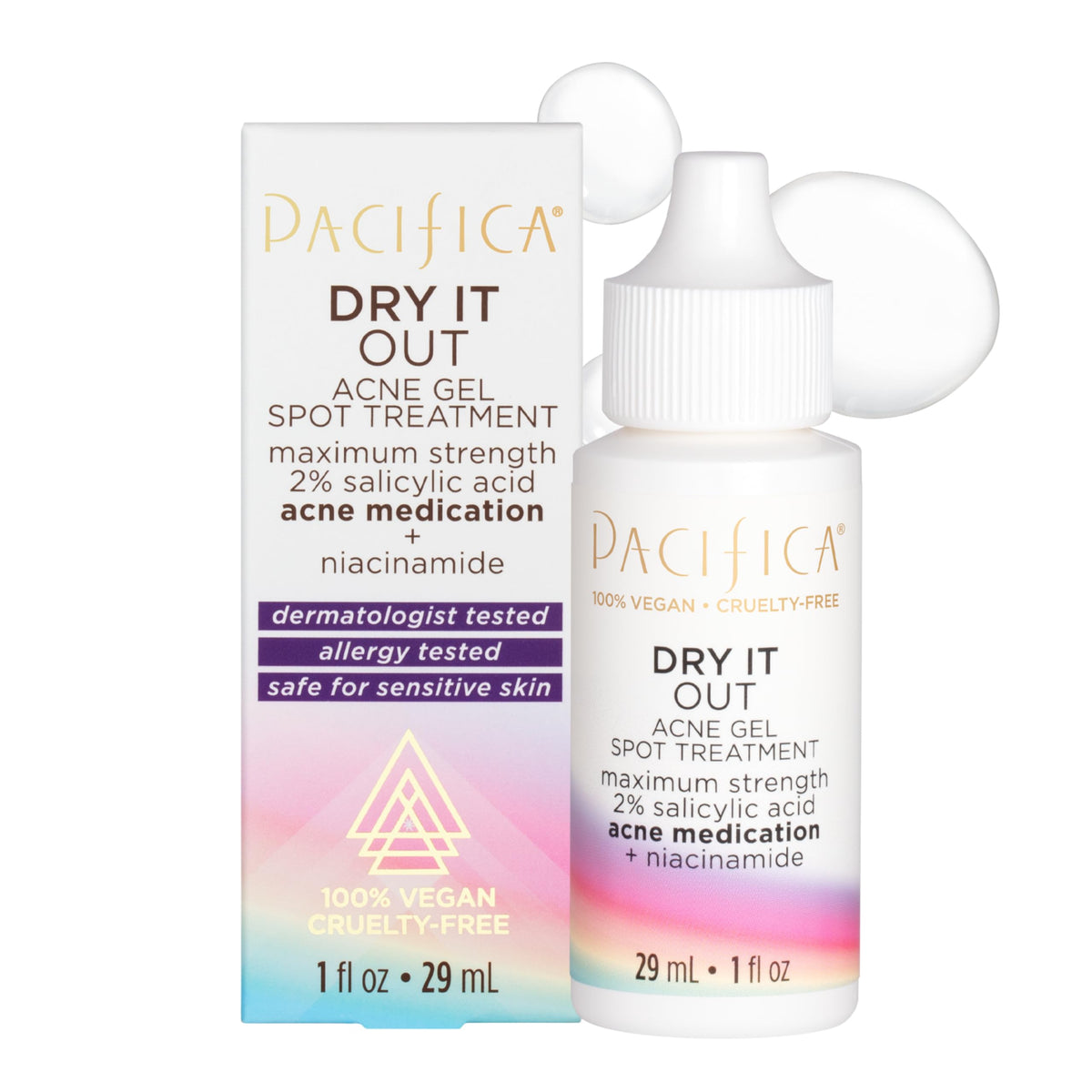 Pacifica front packaging showing gel tube and clear labeling, fast blemish relief