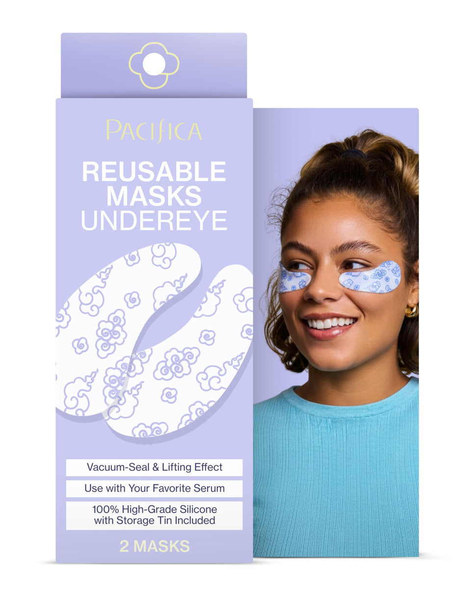 Pacifica front packaging with tin showing reusable masks for easy storage and convenience