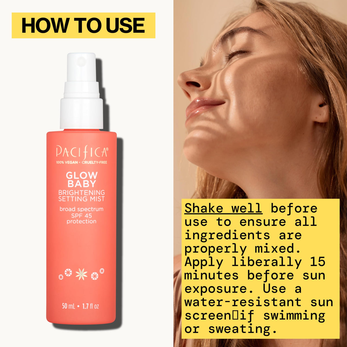 Pacifica being sprayed over makeup for easy SPF reapplication