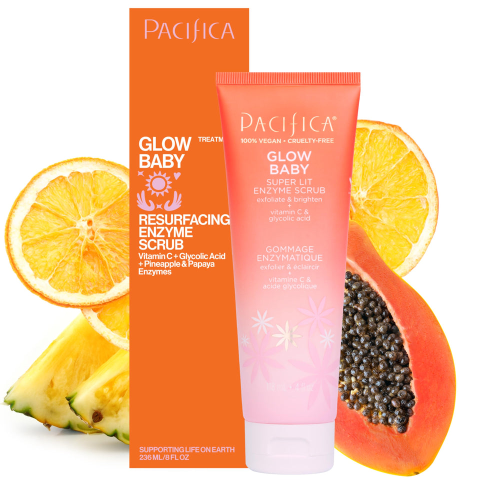 Pacifica Glow Baby front packaging showing bottle and label benefit